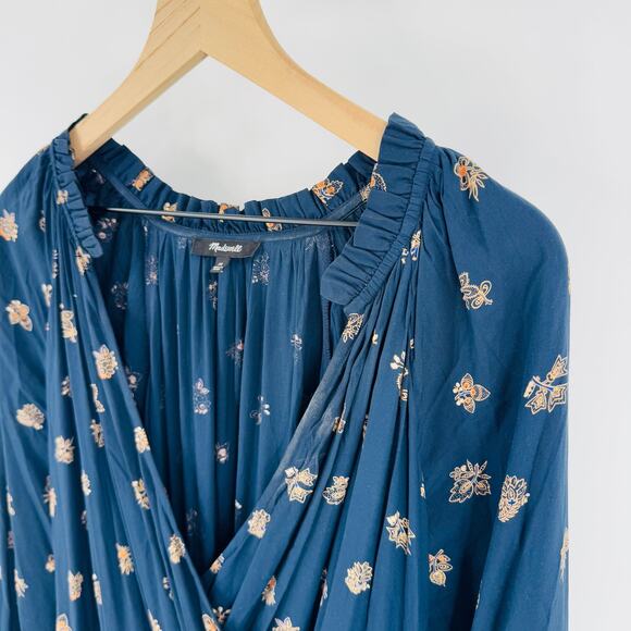 Madewell Plus Challis Floral Midi Dress Navy Boho Long Sleeve Tiered Flowy 2X - Picture 7 of 13
